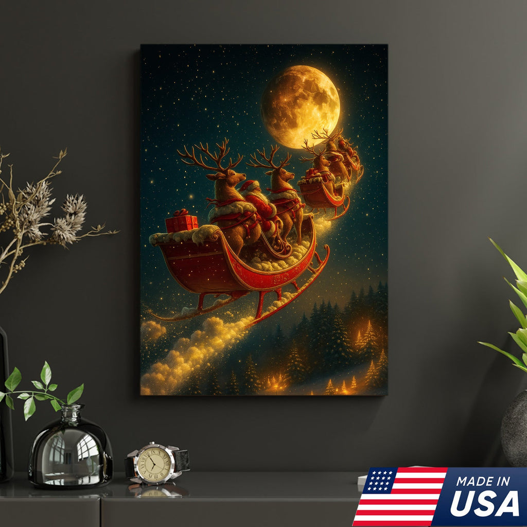 Magical Santa Sleigh and Reindeer Canvas – Christmas Wall Art Gift for Hunters & Holiday Lovers