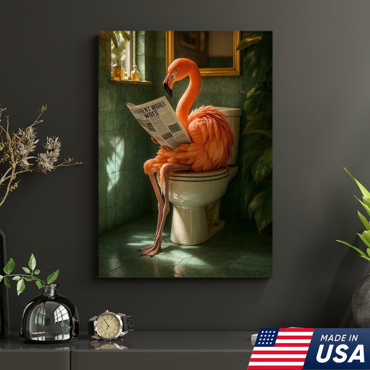 Funny Flamingo Bathroom Canvas Wall Art – Quirky Bird Reading Newspaper Print