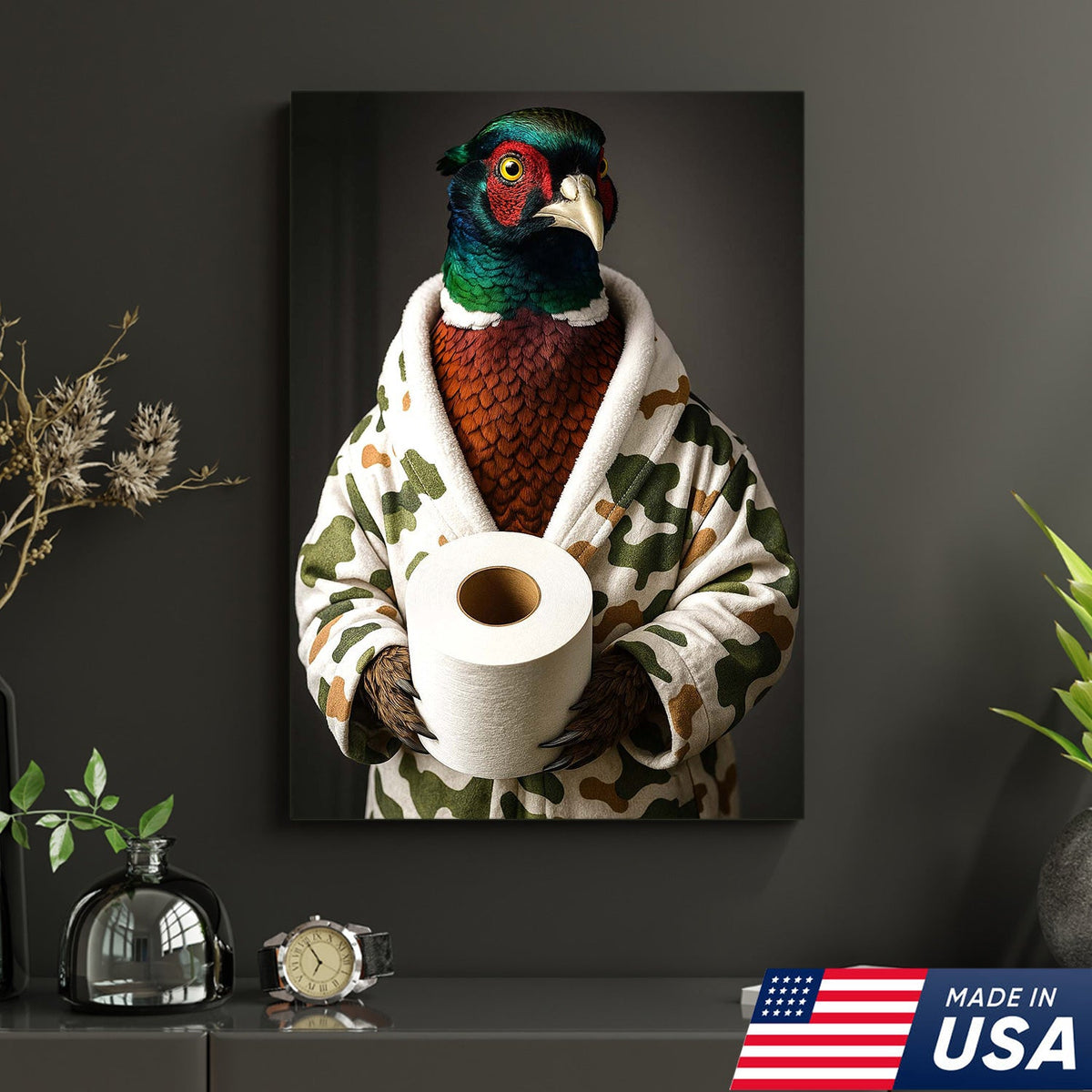 Funny Pheasant Bathroom Wall Art – Camo Robe Bird Holding Toilet Paper Print
