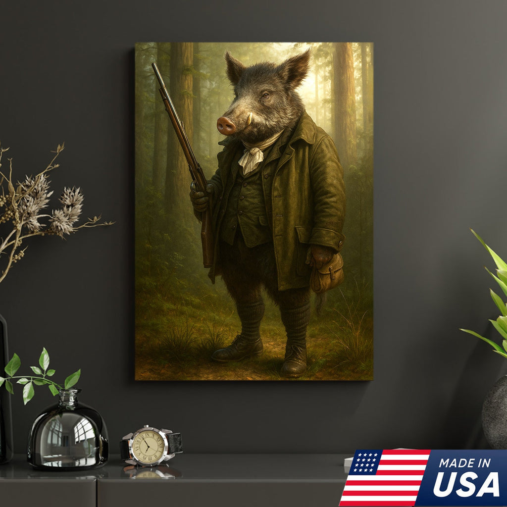 Funny Wild Boar Hunter Canvas Wall Art – Rustic Hunting Lodge Decor Gift for Hunters