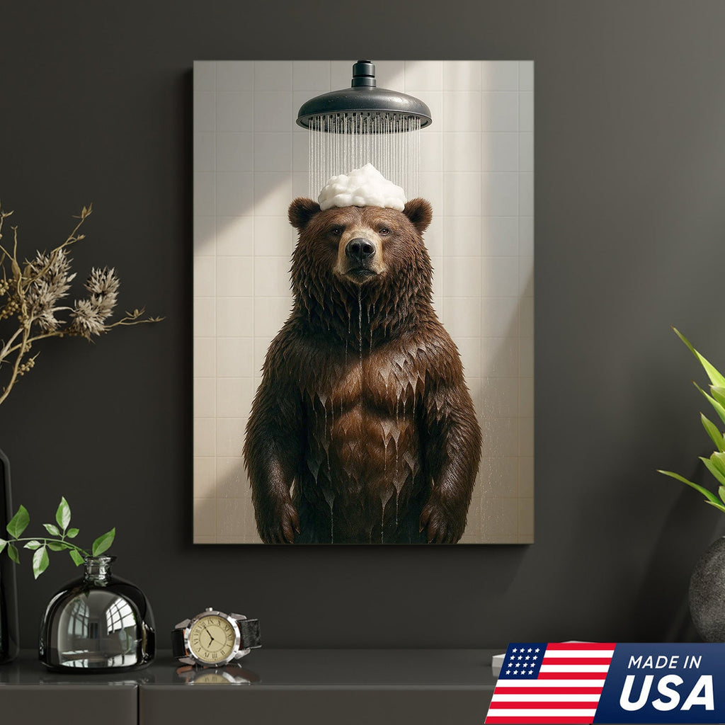 Funny Bear Taking Shower Bathroom Canvas Wall Art, Rustic Cabin Lodge Bathroom Decor