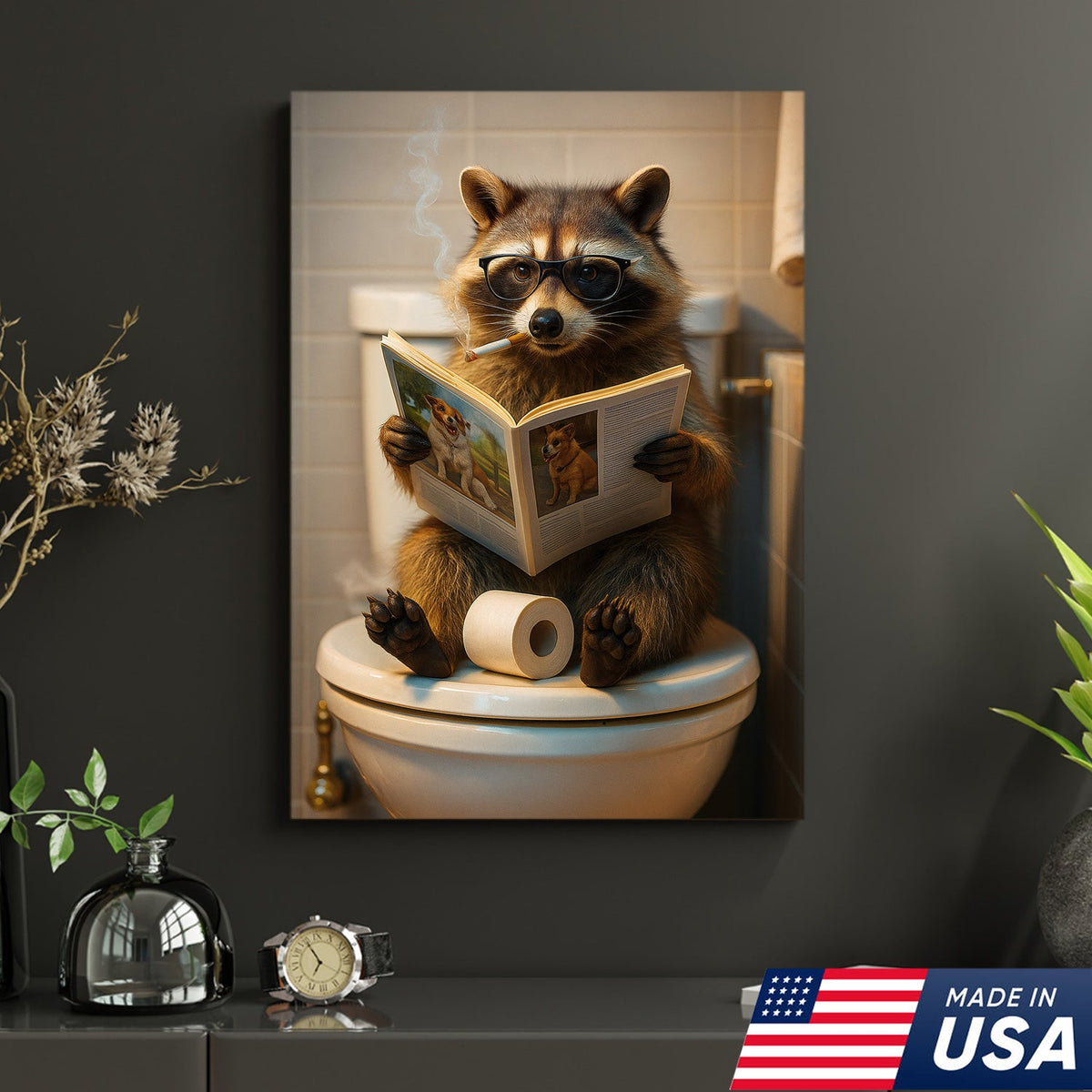 Funny Raccoon On Toilet Canvas – Smoking Raccoon Reading on Toilet, Bathroom Humor Wall Art
