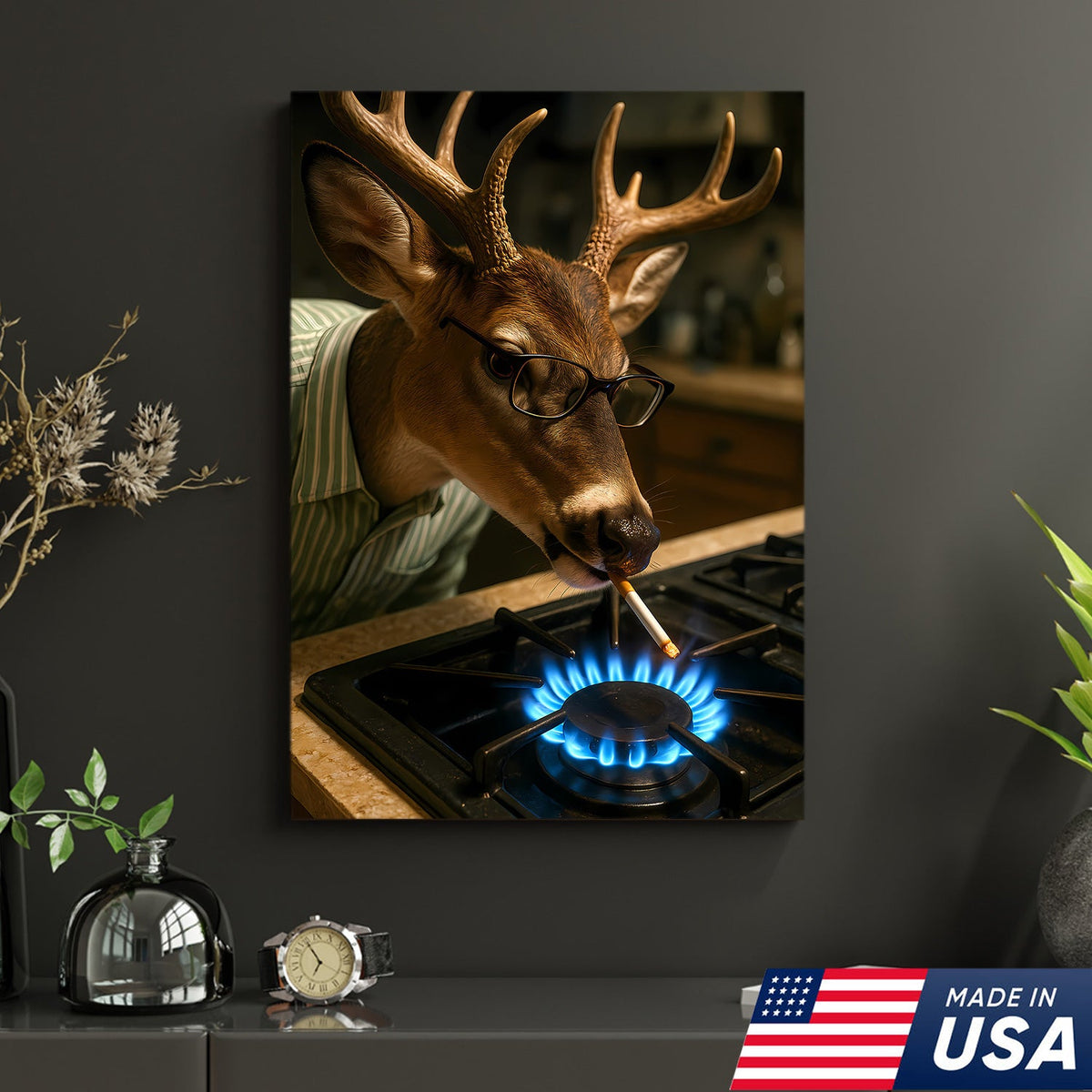 Funny Deer Smoking Canvas, Hilarious Buck Wall Art for Hunters, Rustic Cabin or Man Cave Decor