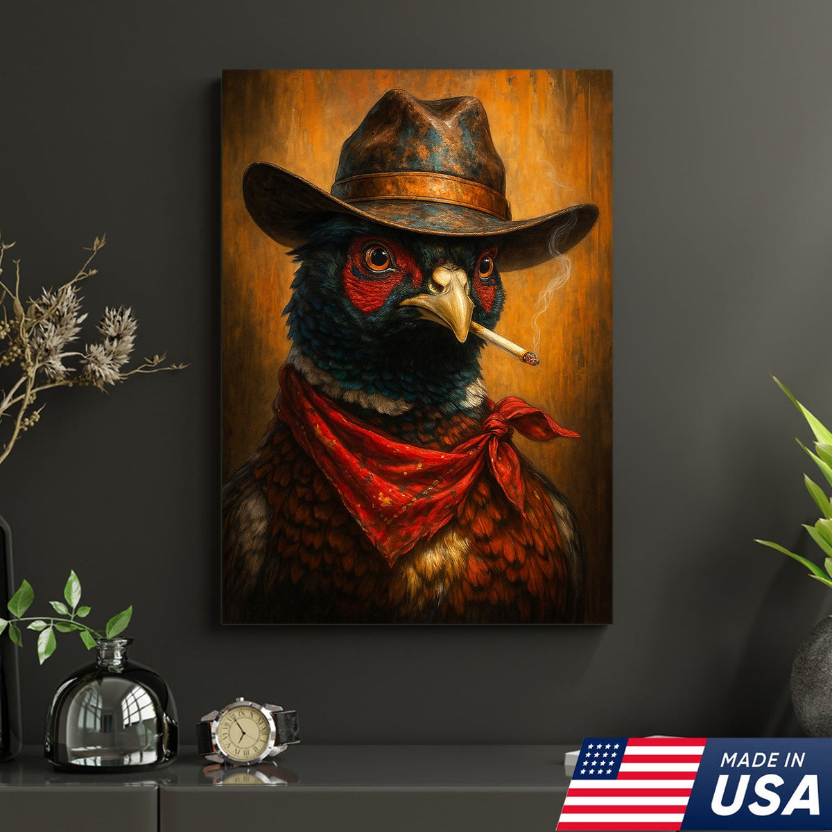 Smoking Pheasant Cowboy Portrait Canvas – Rustic Western Wall Art for Man Cave Decor