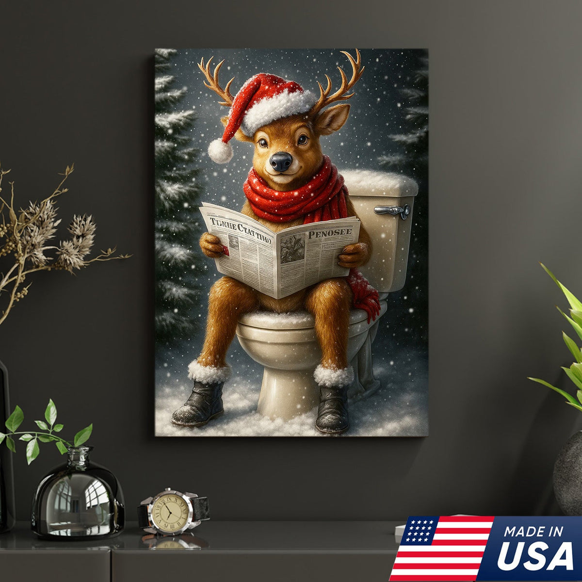 Funny Deer Christmas Canvas Wall Art – Holiday Bathroom Decor – Rustic Hunting Lodge Gift