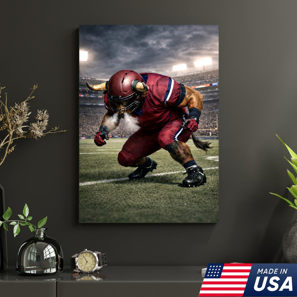 Fierce Bull Football Canvas Wall Art – Charging Horned Athlete Stadium Print