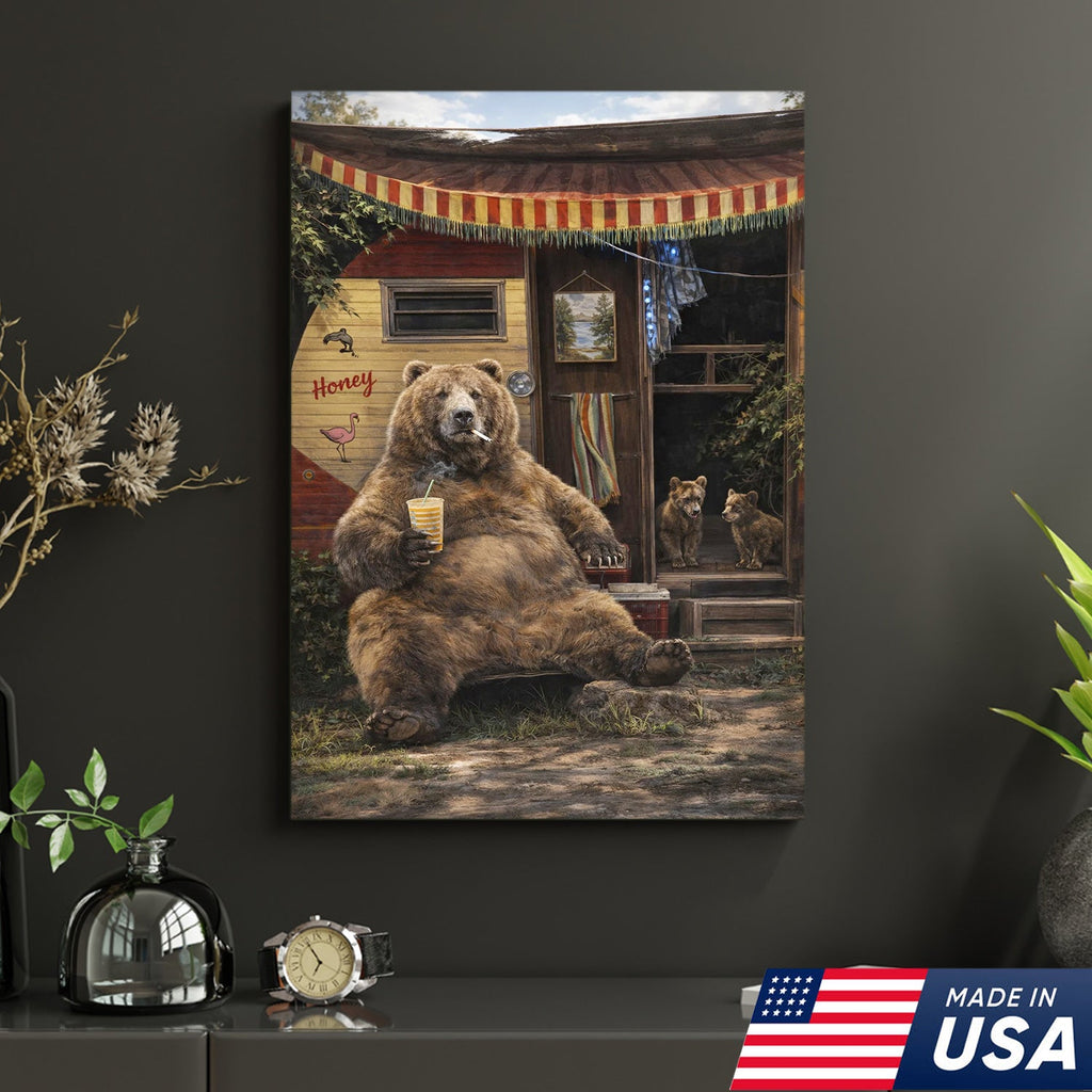 Funny Bear Camping Canvas, Rustic Cabin Wall Art, Wildlife Decor