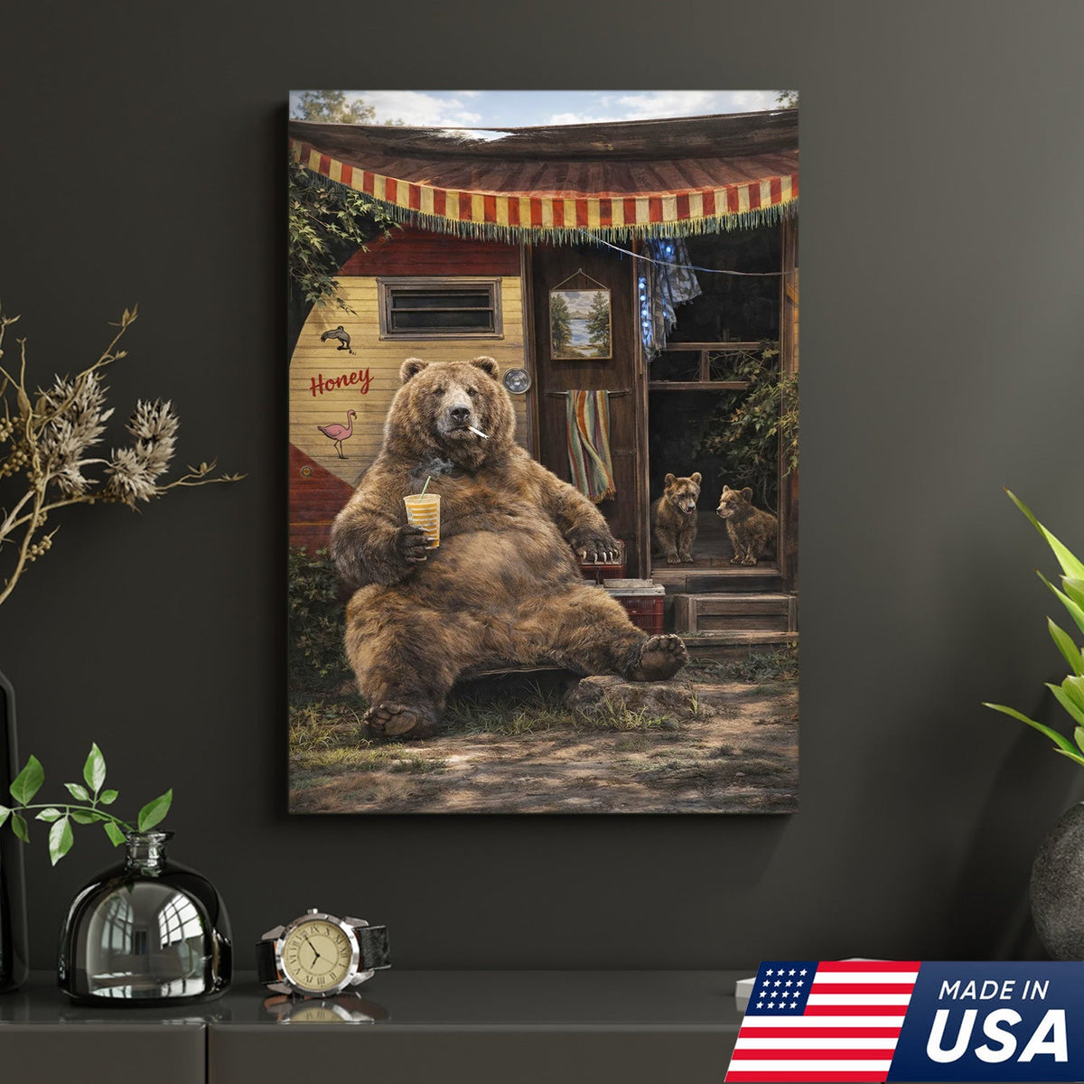 Funny Bear Camping Canvas, Rustic Cabin Wall Art, Wildlife Decor
