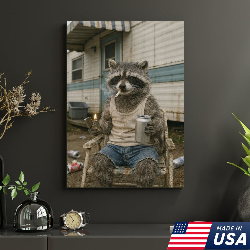 Funny Raccoon Trailer Park Canvas Wall Art, Redneck Raccoon Smoking with Beer
