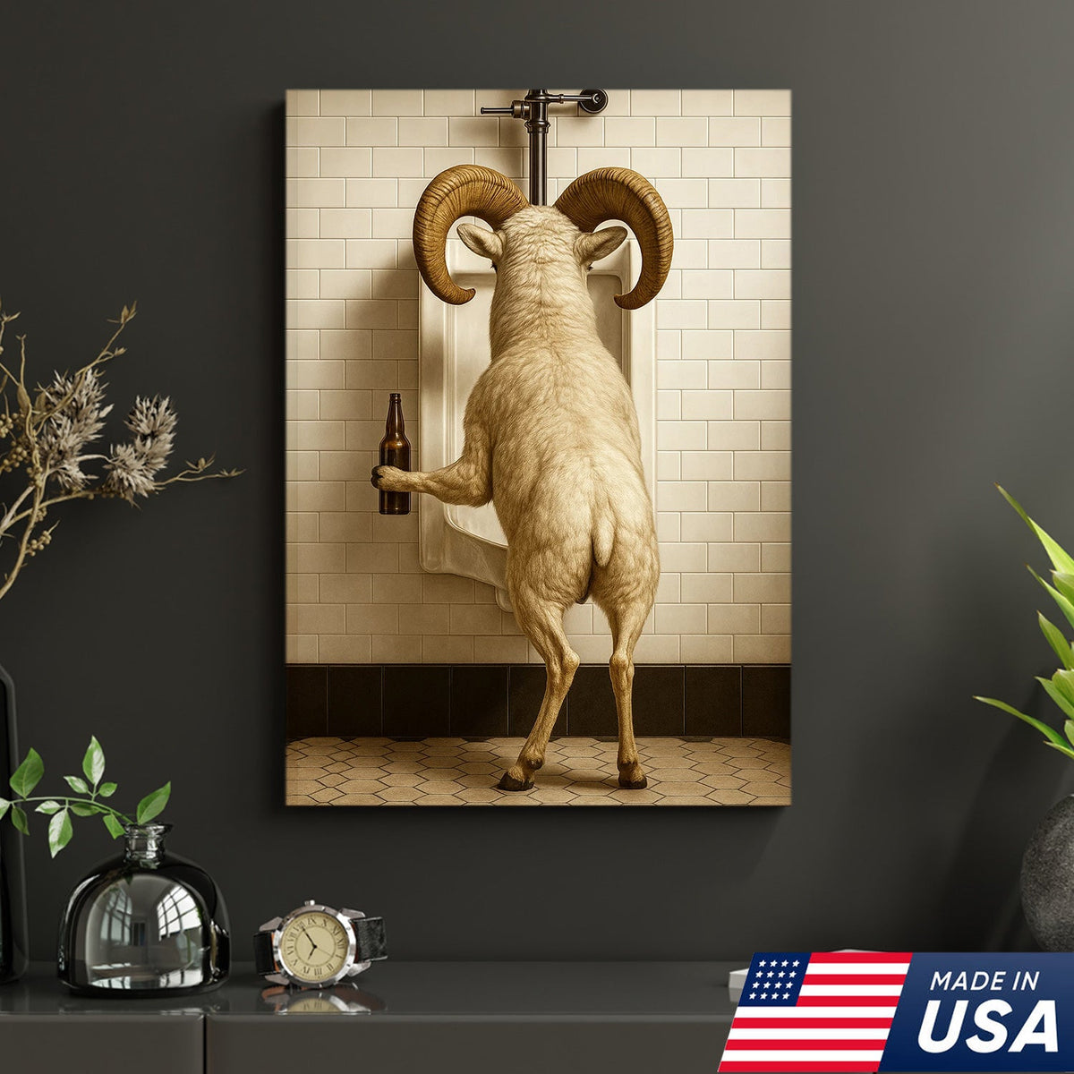 Whimsical Dall Sheep Canvas Wall Art - Funny Rustic Bathroom Decor for Cabin, Farmhouse, and Lodge