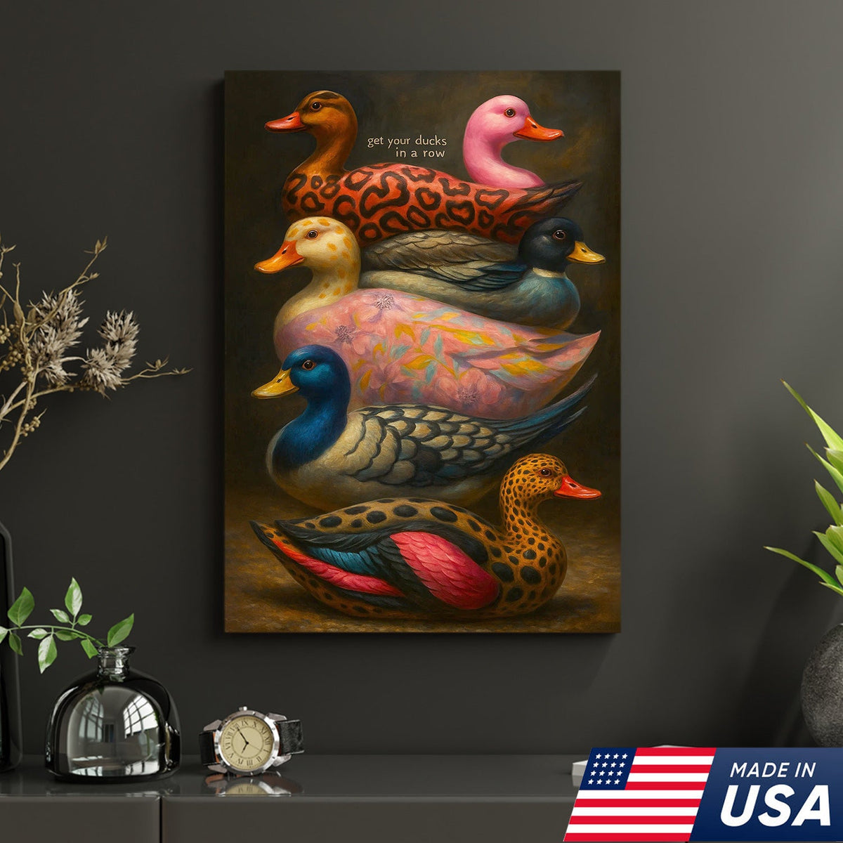 Colorful Duck Wall Art Canvas – Funny Get Your Ducks in a Row Farmhouse Decor