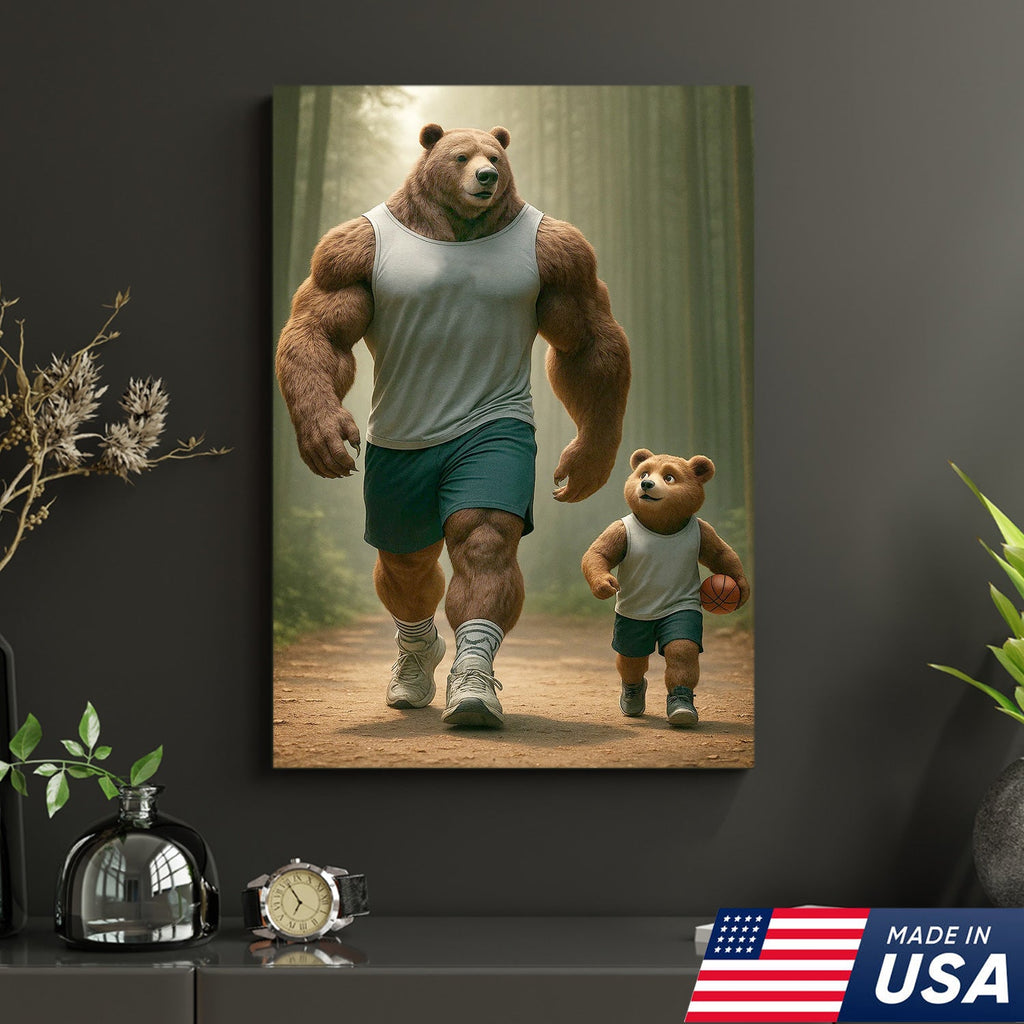 Buff Bear Dad and Cub Canvas Wall Art, Fitness Father and Son Bear Print