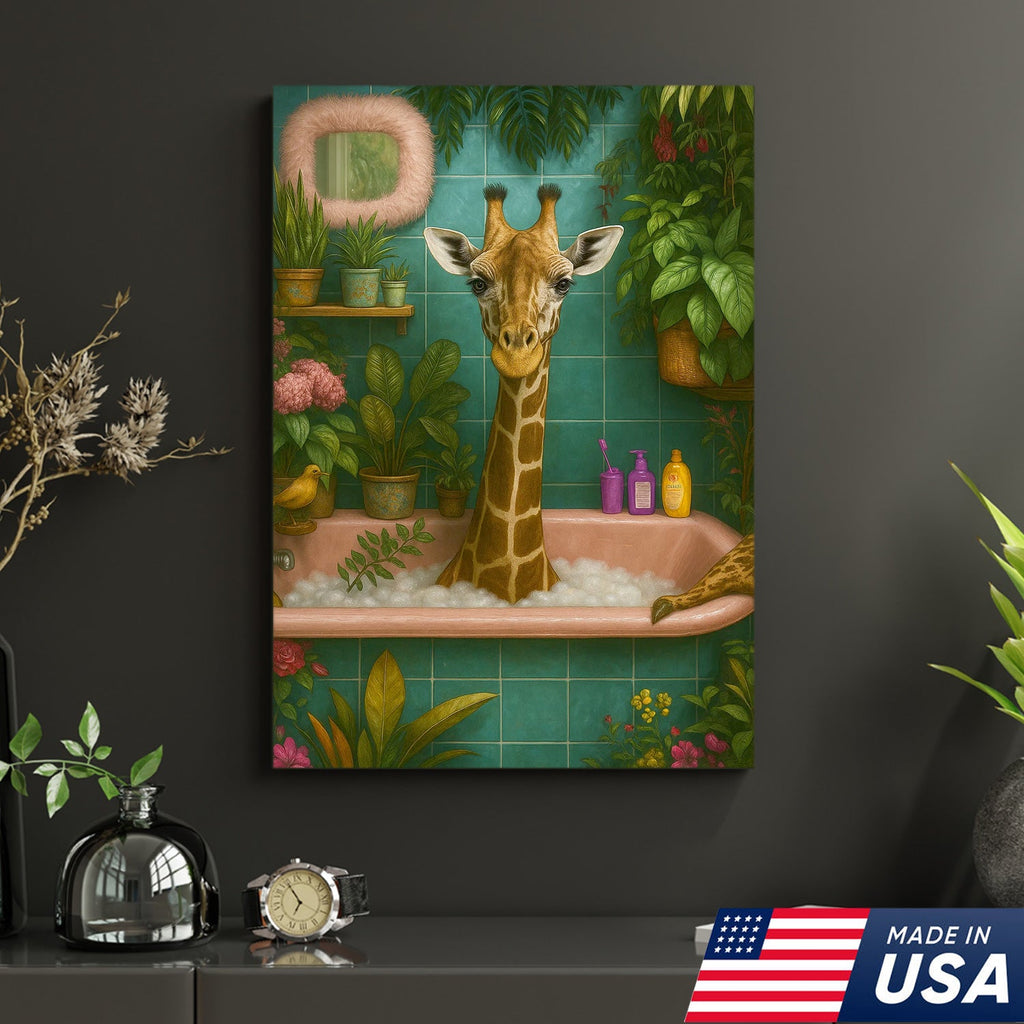 Giraffe Bathroom Wall Art Canvas, Funny Animal Taking Bath Decor