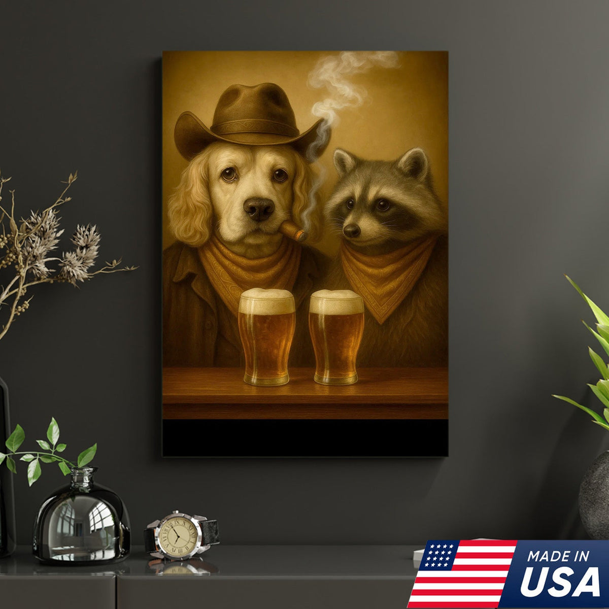 Funny Dog & Raccoon Bar Art – Cowboy Dog Smoking Cigar, Beer Buddies Wall Decor Gift for Men