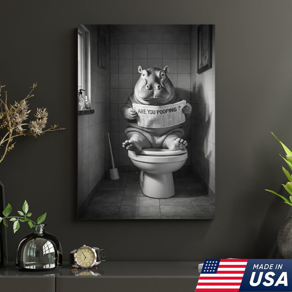 Funny Hippo Bathroom Wall Art, Are You Pooping Hippo Toilet Canvas