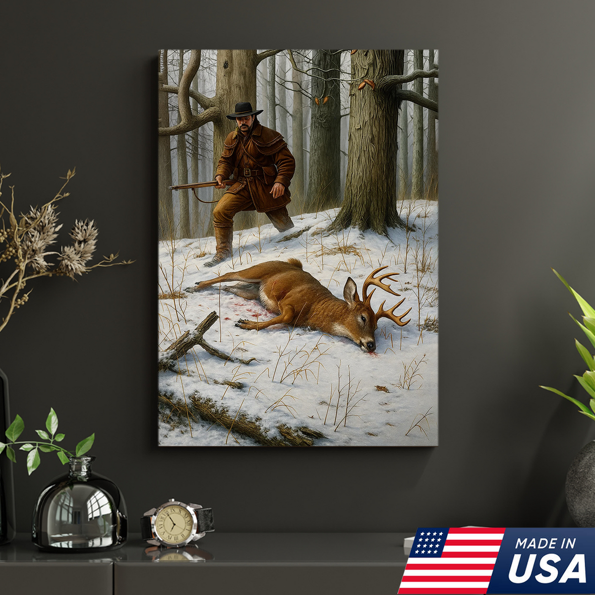Deer Hunting Canvas Wall Art – Rustic Winter Forest Scene, Hunter with Rifle and Buck