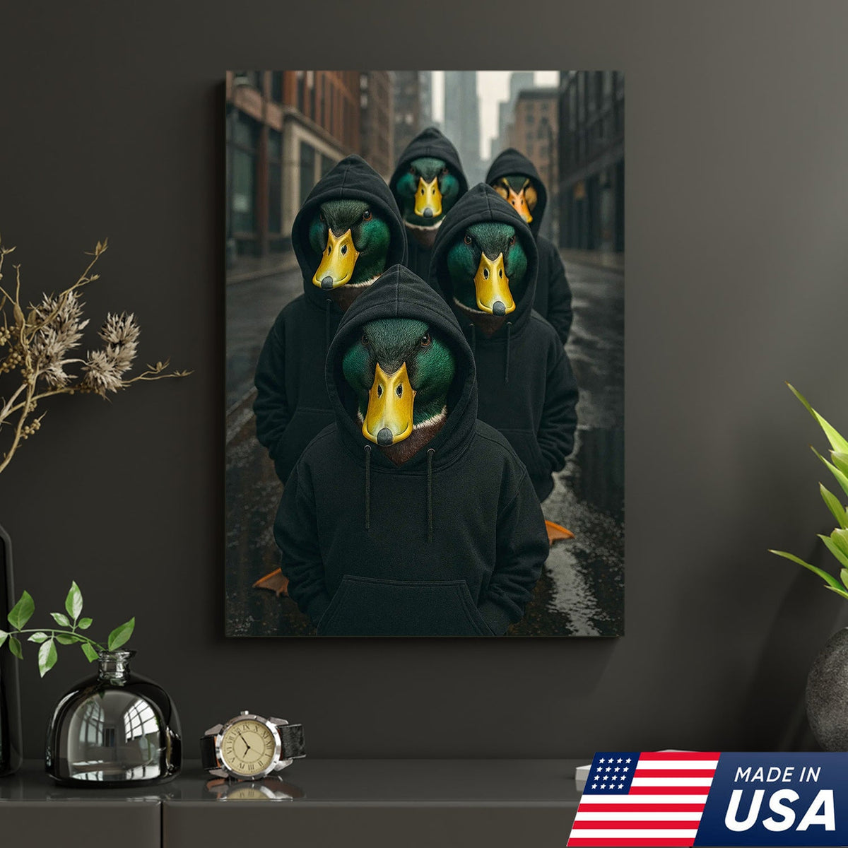 Urban Duck Gang Canvas Wall Art, Hooded Anthropomorphic Ducks Artwork
