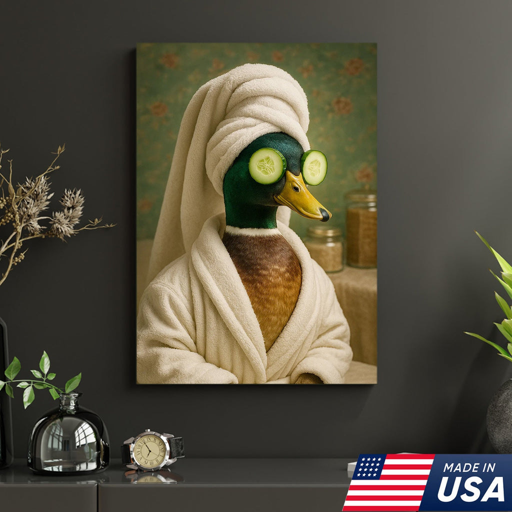Spa Day Duck Canvas Wall Art, Funny Bathroom Spa Decor, Mallard in Robe with Cucumber Eyes