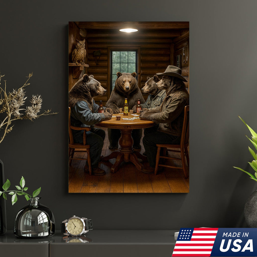 Bears Playing Poker Wall Art Canvas – Funny Cabin Decor Canvas Print for Bar & Man Cave