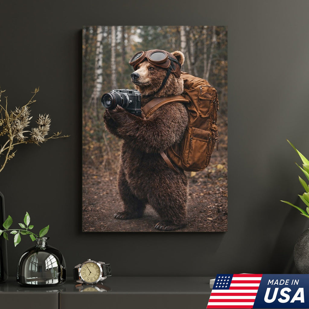 Adventure Bear Photographer Canvas Wall Art – Realistic Wildlife Explorer Print
