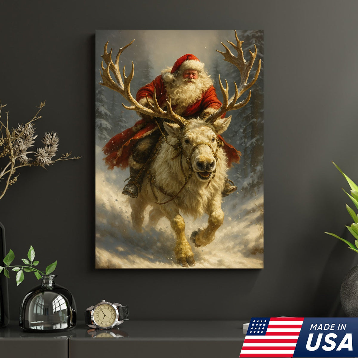 Santa On Reindeer Canvas Wall Art Canvas – Classic Christmas Wall Art
