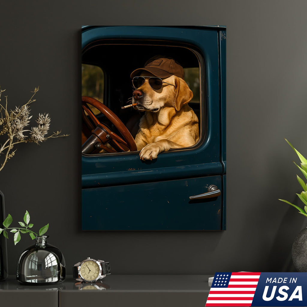 Cool Labrador Driver Canvas – Funny Country Dog Wall Art for Hunters