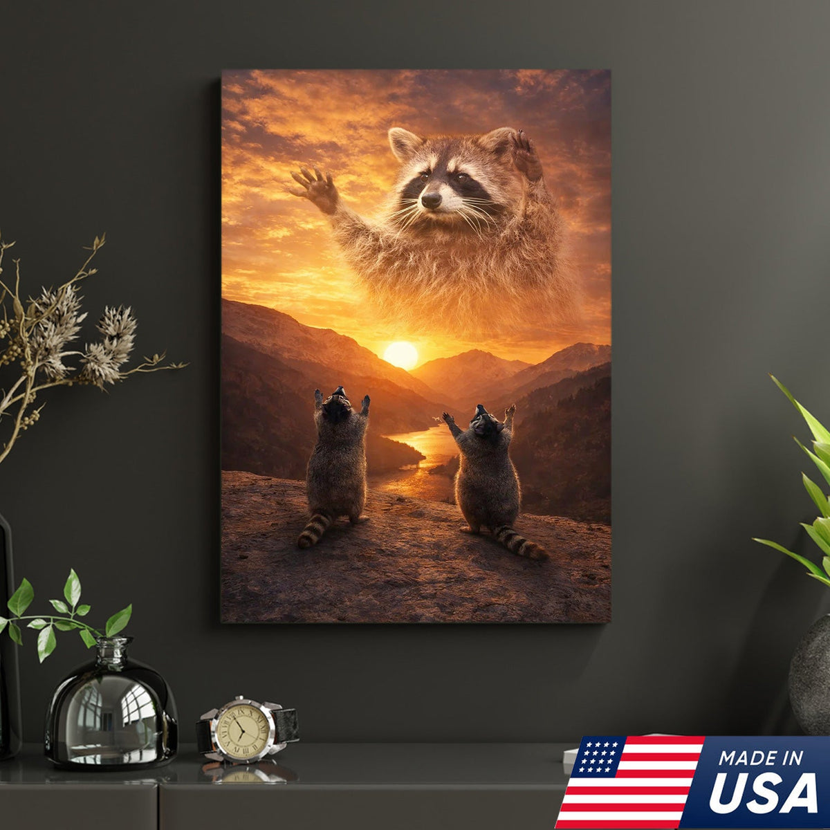Funny Raccoon God Sunset Canvas Wall Art, Raccoon Worship Mountain Landscape