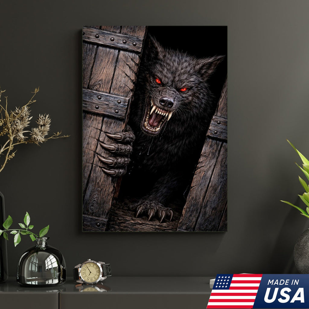 Angry Red Eyes Werewolf Canvas Wall Art, Dark Horror Wolf Monster Illustration