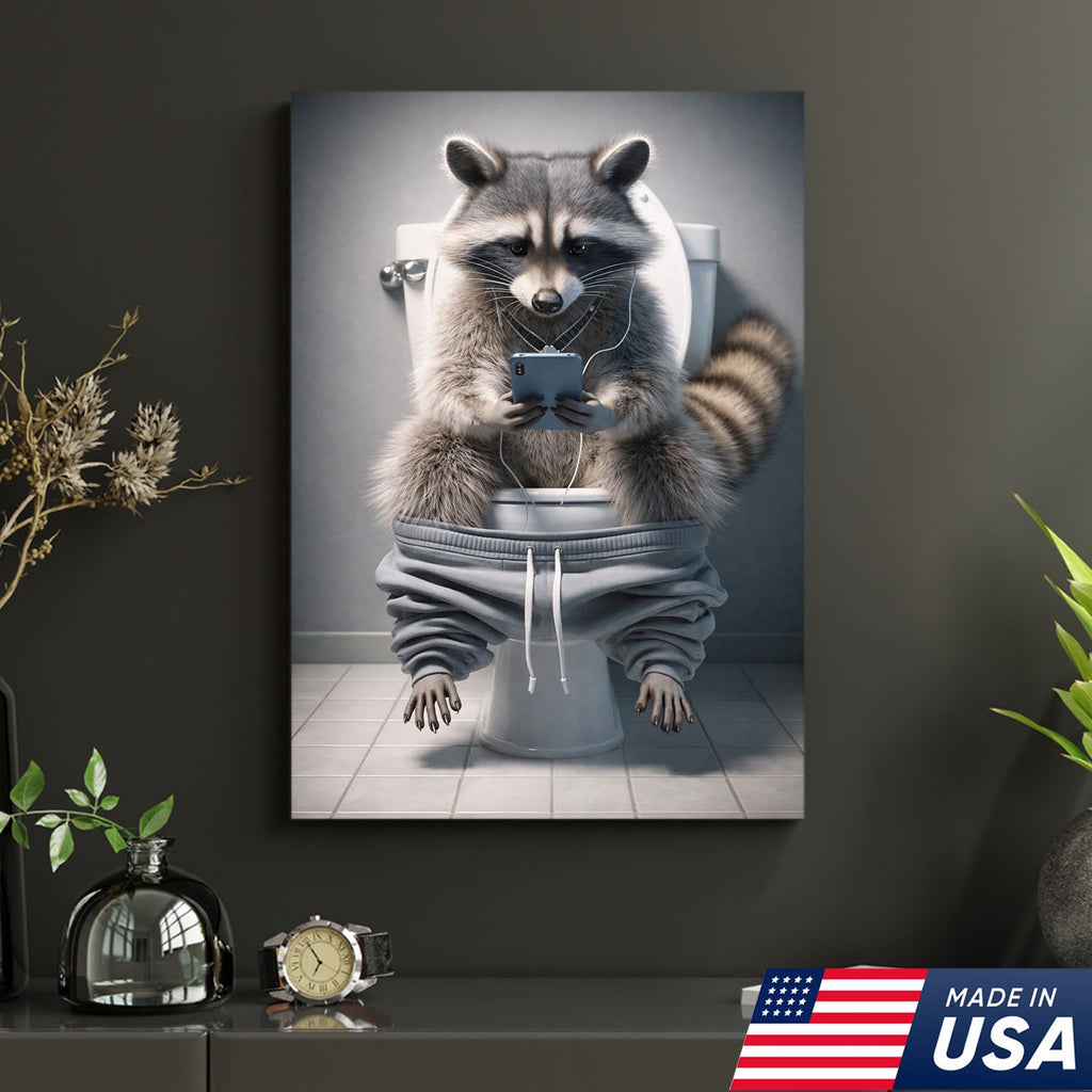 Funny Raccoon Toilet Canvas, Bathroom Humor Wall Art, Animal Decor