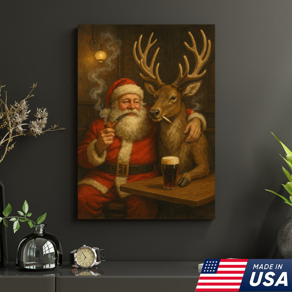 Funny Santa and Reindeer Wall Art Canvas – Rustic Christmas Lodge Decor