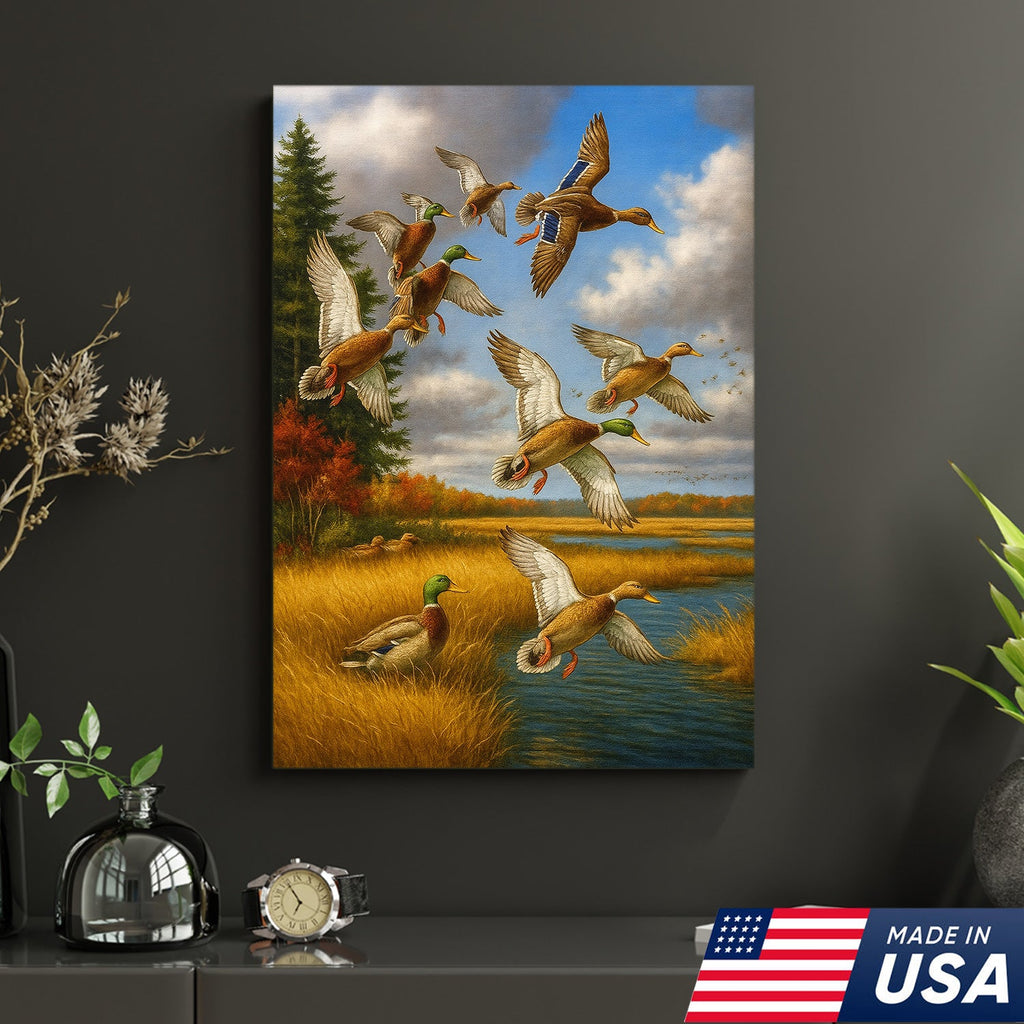 Mallard Ducks Flying Wall Art Canvas – Vintage Waterfowl Hunting Scene Canvas for Outdoorsmen