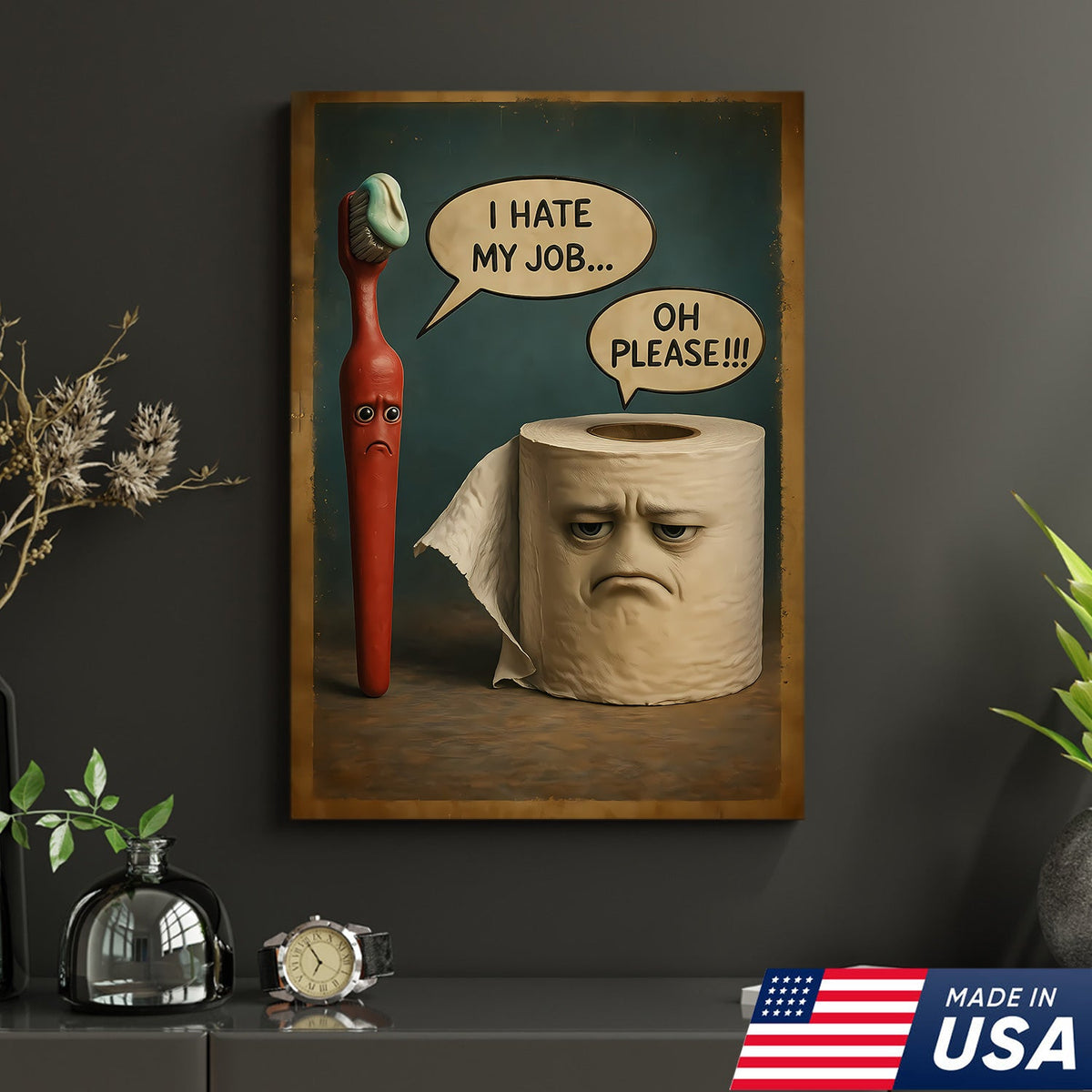 Funny Bathroom Humor Canvas Wall Art, Talking Toothbrush and Toilet Paper Print