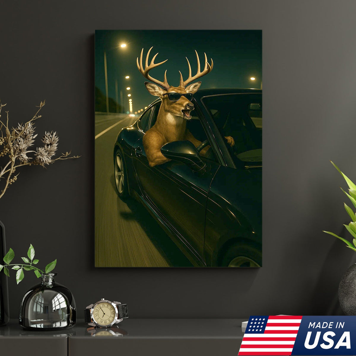 Funny Deer Driving Canvas, Cool Buck in Car Wall Art, Humorous Hunter Gift