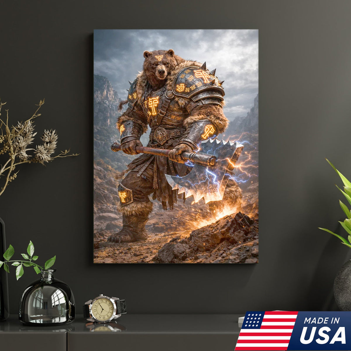 Thunder Rune Bear Canvas Wall Art – Epic Fantasy Warrior with Lightning Axe