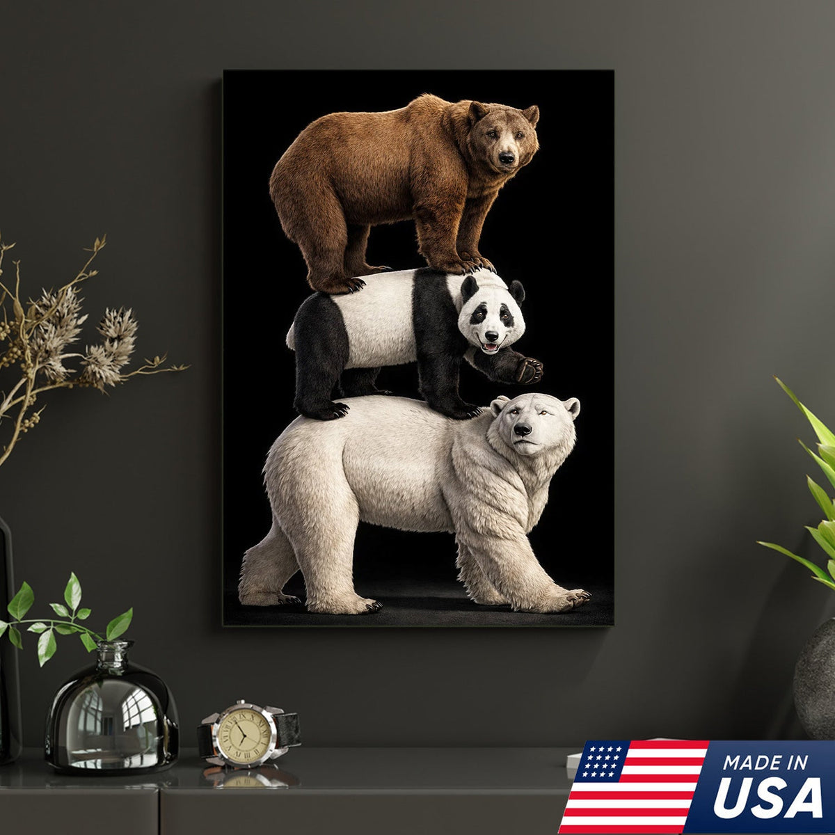 Stacked Bears Canvas Wall Art, Brown Bear Panda Polar Bear Totem Illustration