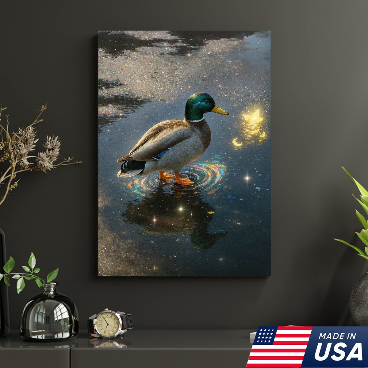 Magical Duck Canvas Art – Enchanted Night Water Scene with Glowing Stars