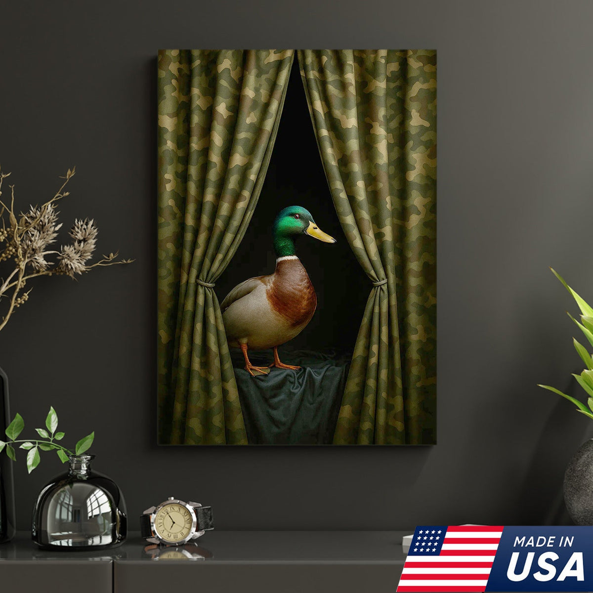 Duck Behind Camo Curtain Canvas Wall Art, Funny Hunting Lodge Decor, Rustic Wildlife Artwork