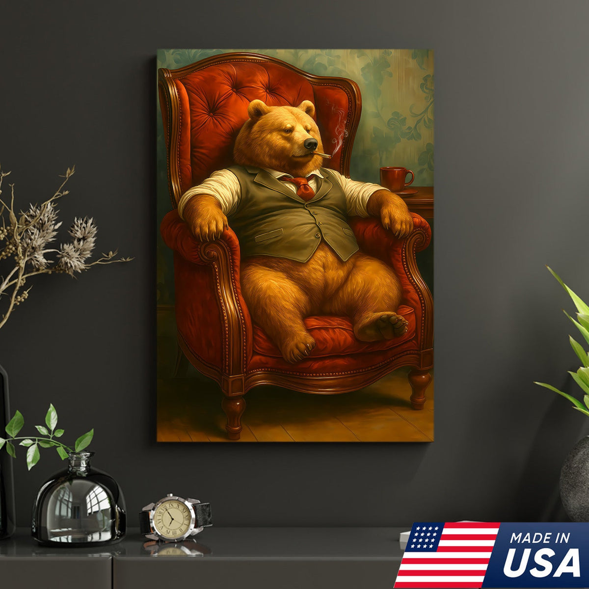 Gentleman Bear Sitting in Chair Canvas Art – Funny Gift for Men Who Love Class & Chill Vibes
