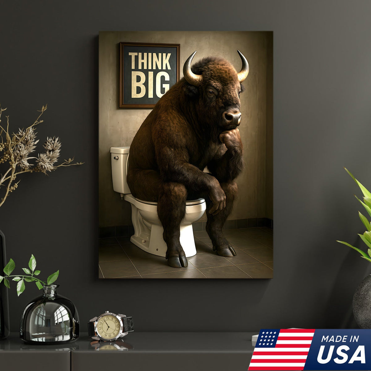 Funny Buffalo Bathroom Wall Art – Think Big Bison Canvas, Rustic Farmhouse Animal Decor