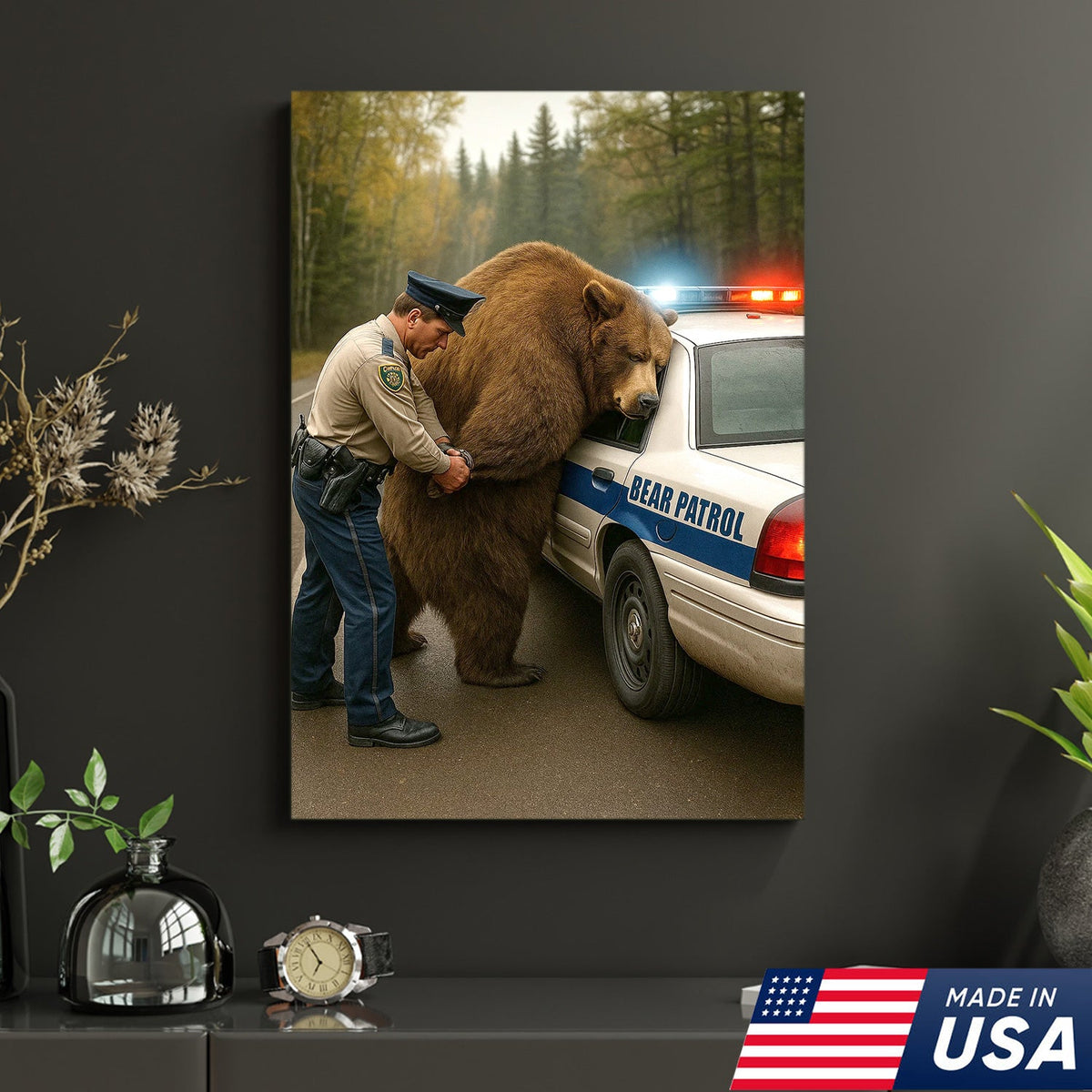 Funny Bear Patrol Canvas Wall Art, Humorous Wildlife Police Artwork, Rustic Cabin Decor