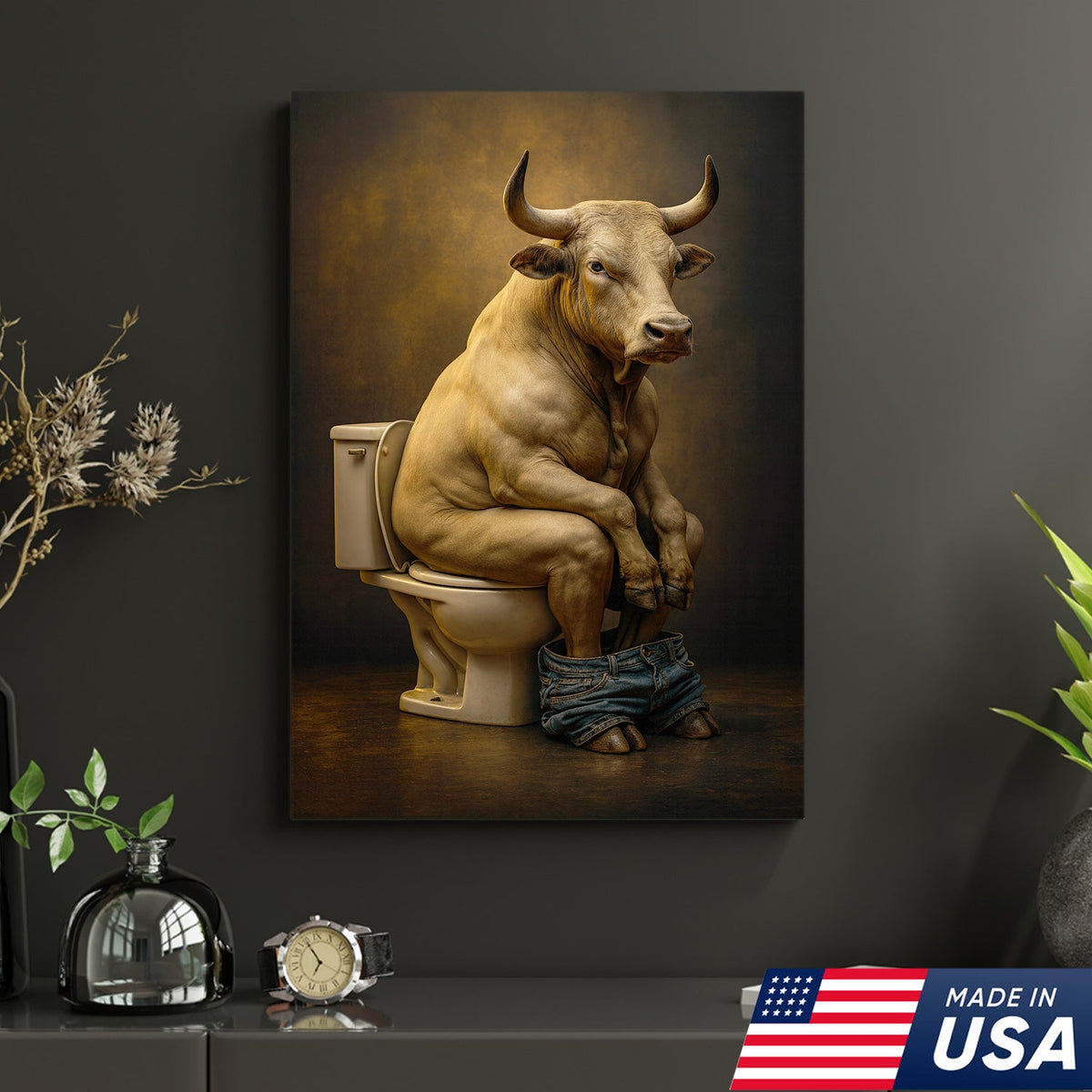 Funny Bull on Toilet Wall Art Canvas – Hilarious Farmhouse Bathroom Decor for Men & Guests