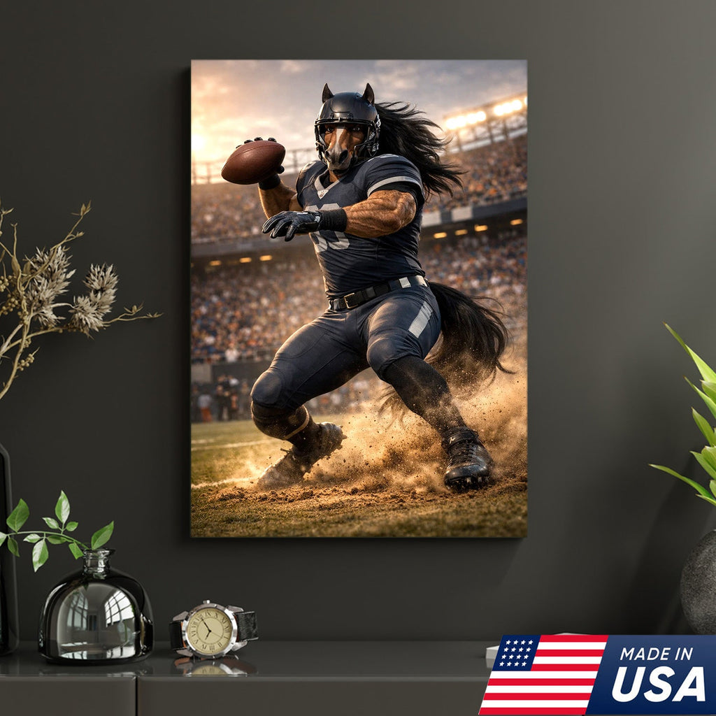 Dark Stallion Football Canvas Wall Art – Powerful Horse Athlete Stadium Action Print