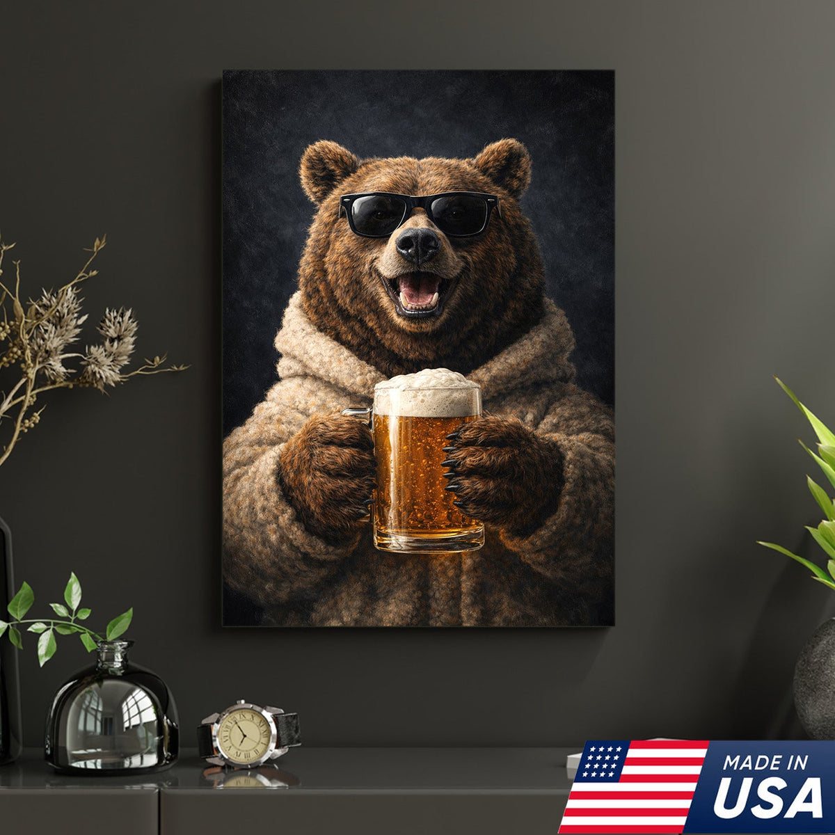 Funny Beer Bear Canvas Print Gift for Him Dad Husband Man Cave Decor