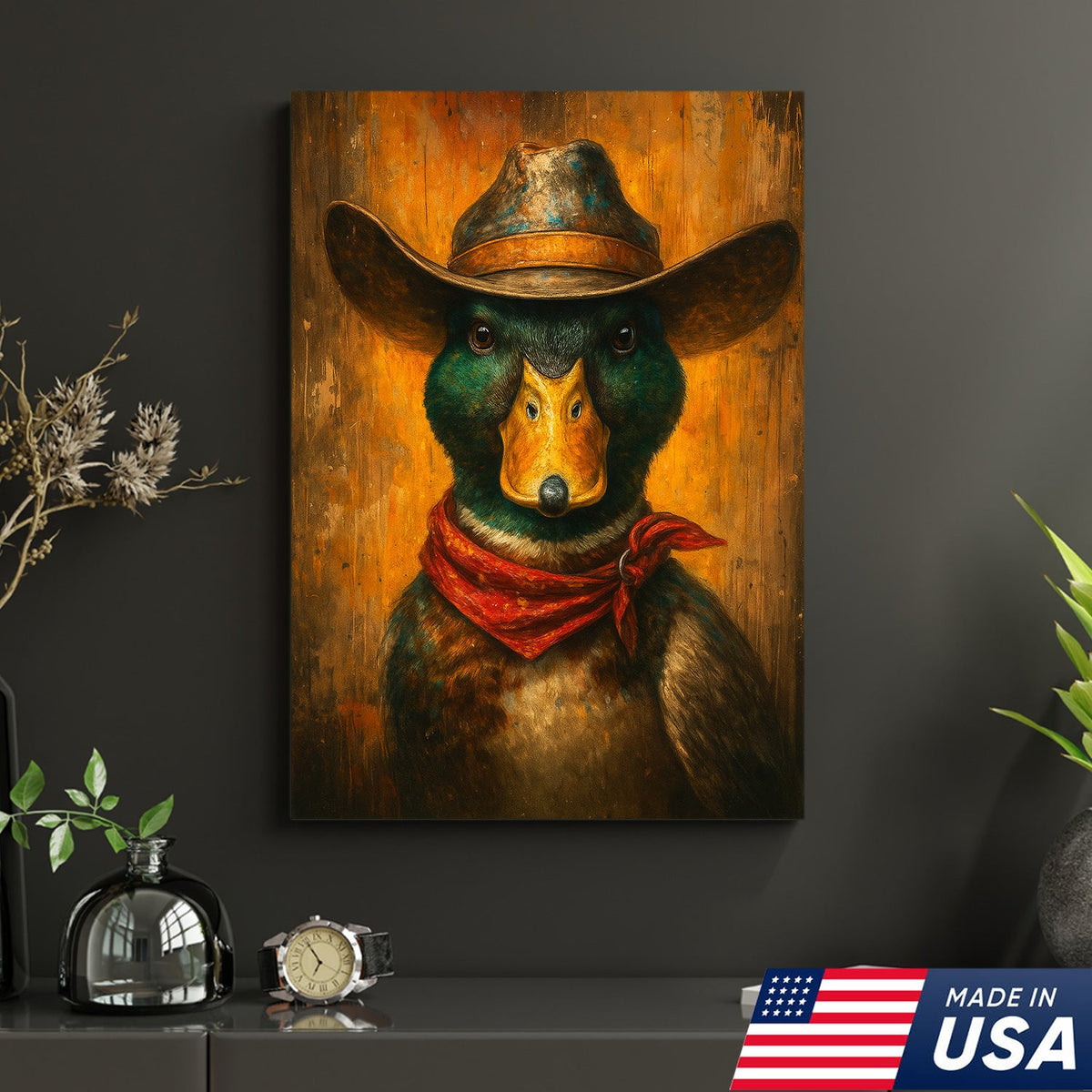 Cowboy Duck Portrait Canvas – Rustic Western Wall Art for Man Cave & Lodge Decor
