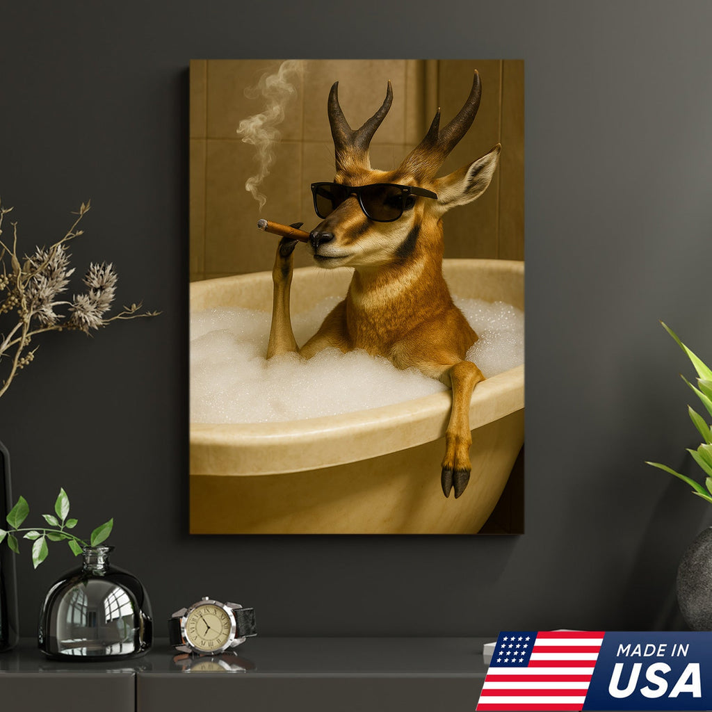 Funny Pronghorn Antelope Smoking Canvas Wall Art – Cool Bathtub & Cigar Gift for Hunters