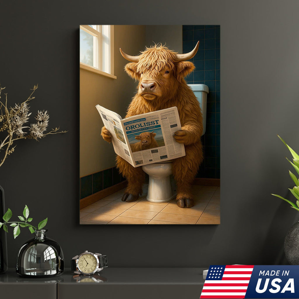 Highland Cow Bathroom Canvas Wall Art, Funny Farmhouse Restroom Decor