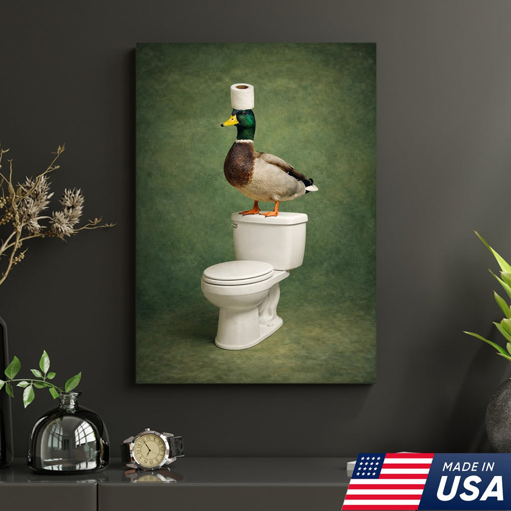 Funny Duck Bathroom Wall Art, Duck on Toilet Bathroom Canvas