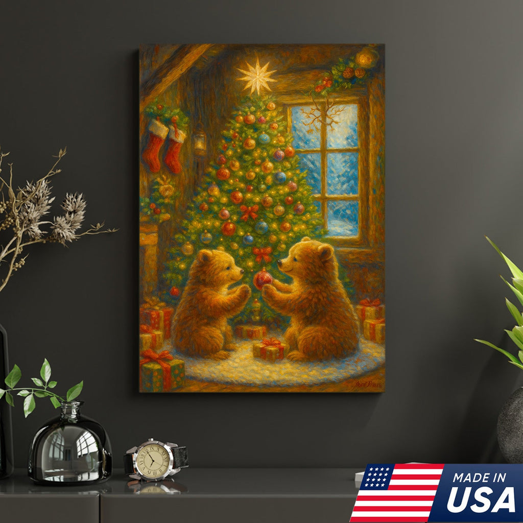 Christmas Bear Cubs Wall Art Canvas — Cozy Holiday Tree Scene, Cute Winter Animal Wall Decor