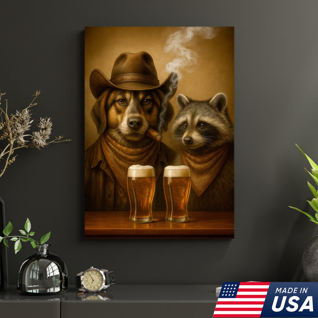 Funny Dog & Raccoon Cowboy Canvas Wall Art – Funny Western Beer Decor for Hunters