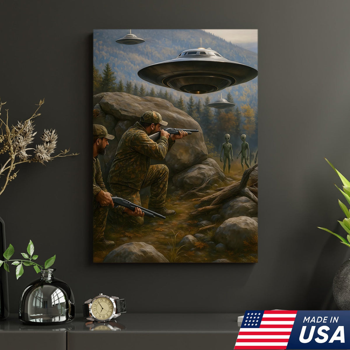 Alien Encounter Hunting Canvas Wall Art, Funny Hunters vs UFO Scene